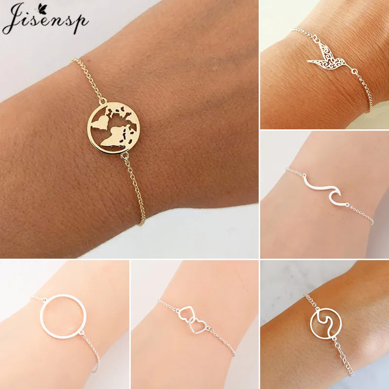 Simple World Map Stainless Steel Bracelets for Women Minimalist Jewelry Double Heart Charm Bracelet Wave Bangles Trend Gift