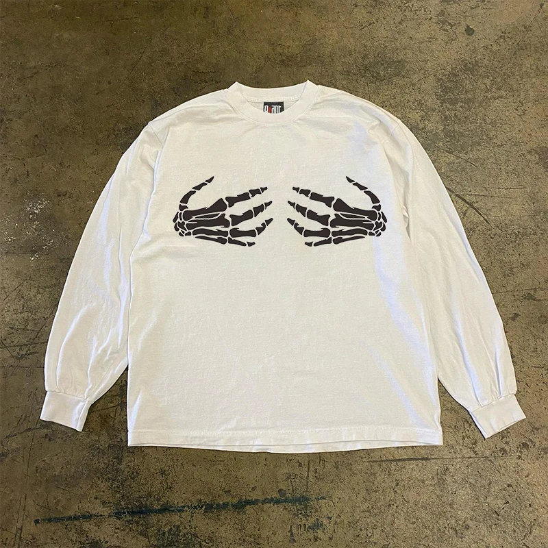 Heavyweight Pure Cotton Long Sleeve T-Shirt Unisex Loose Fit Hand Skeleton Print Streetwear Versatile Casual Top