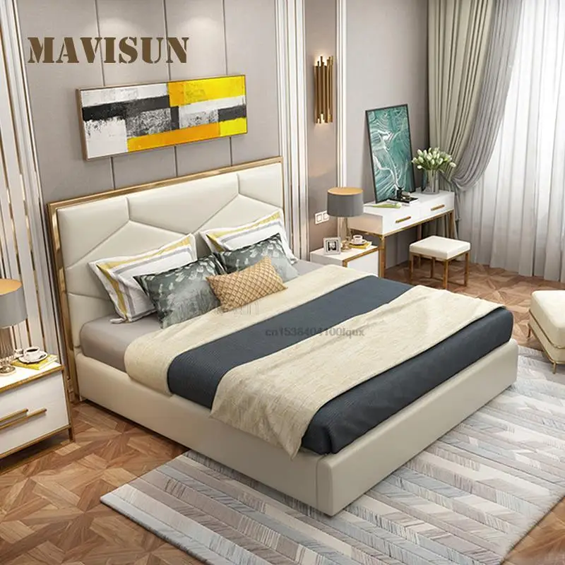 Italian Furniture For Home Bedroom Bed 2 People With Genuine Leather And Solid Wood Frame White Classical King Bed 180X200cm