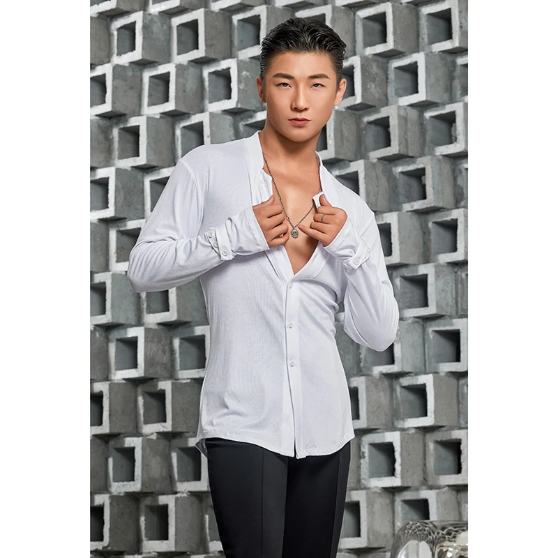 Male Latin Dance Shirt Practice Clothing Men Modern Dance Long Sleeve Top Adult Latin Samba Chacha Dance Practice Suit DQL10301