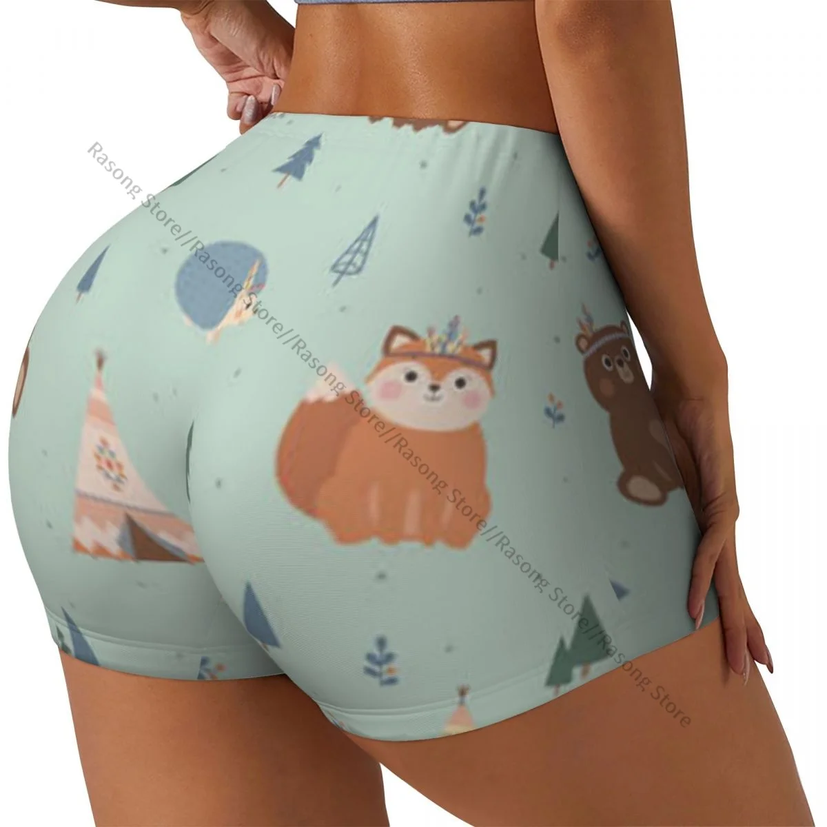 Women's Yoga Shorts Cute Woodland Tribal Animals Fox Bear Rabbit Hedgehog Pattern Scrunch Booty Butt Lifting Comfort Fitness Gym