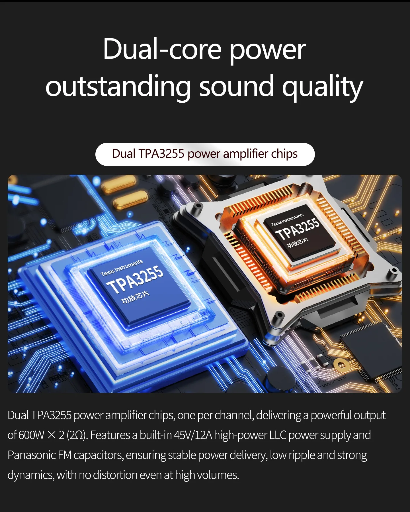 YJCO D1200 Digitaler Leistungsverstärker mit Dual TPA3255 Chip, ES9038Q2M DAC, Bluetooth 5.4, LDAC, XLR Balanced, USB, HIFI Stereo-Verstärker, 600W*2 MAX – Detail 10