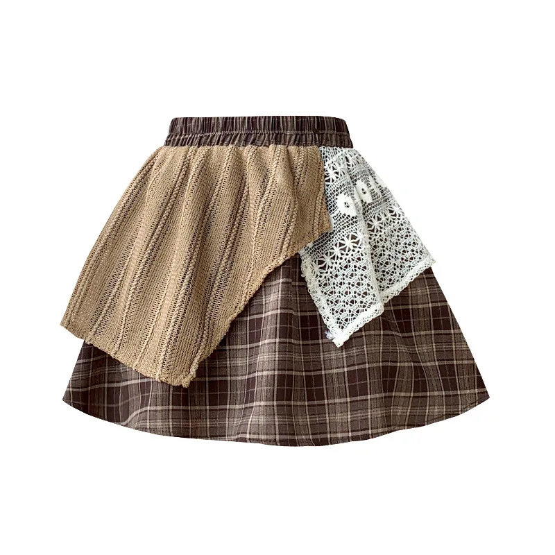 불규칙한 보헤미안 짧은 치마 레이스 접합 격자 무늬 스커트 복고풍 하이 웨이스트 디자인 짧은 치마 휴가 스타일