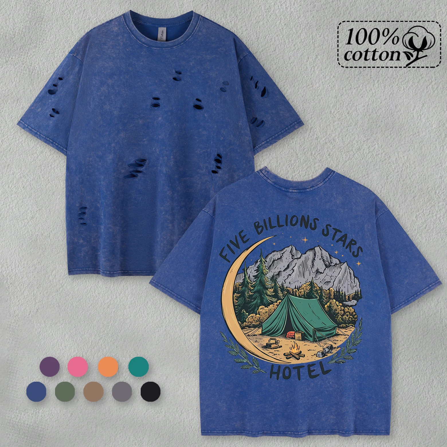 

Five Billions Stars Hotel Pattern Washed Retro Holes T-Shirt Men Summer Trendy Tops Cotton Loose Clothes Unisex Soft T-Shirts