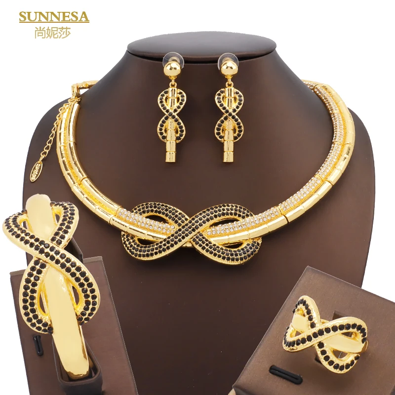 

SUNNESA Luxury Black Zircon Pendant Necklace Earrings Bracelet Ring Wedding Gift 18k Gold Plated African Jewelry Set for Women