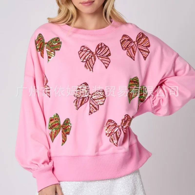 NIEUWE lente en herfst strik pailletten voor damesjurk Valentijnsdag ronde hals losse casual lange mouwen sweatshirt voor dames