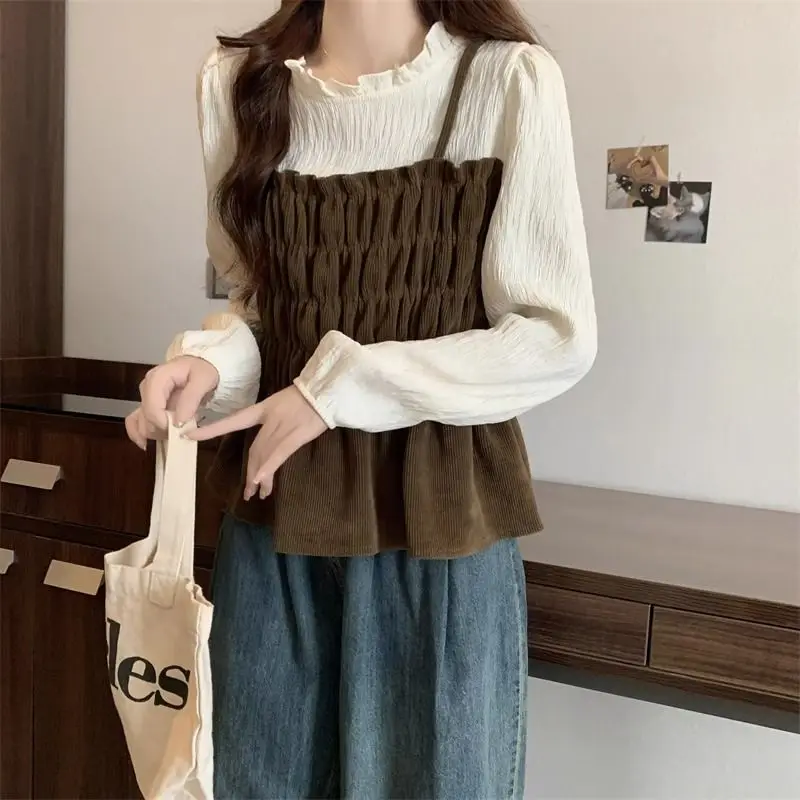 Long Sleeve Fake Two-piece Korean Short Shirt Tops Spring Autumn New Contrast Pleated Fashion Blouse Casual Trend Women Clothing