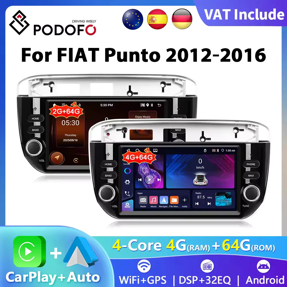 Podofo 7 "2Din autoradio pour Fiat Punto 2012-2015 lecteur multimédia CarPlay Android système Intelligent automatique Bluetooth GPS WIFI