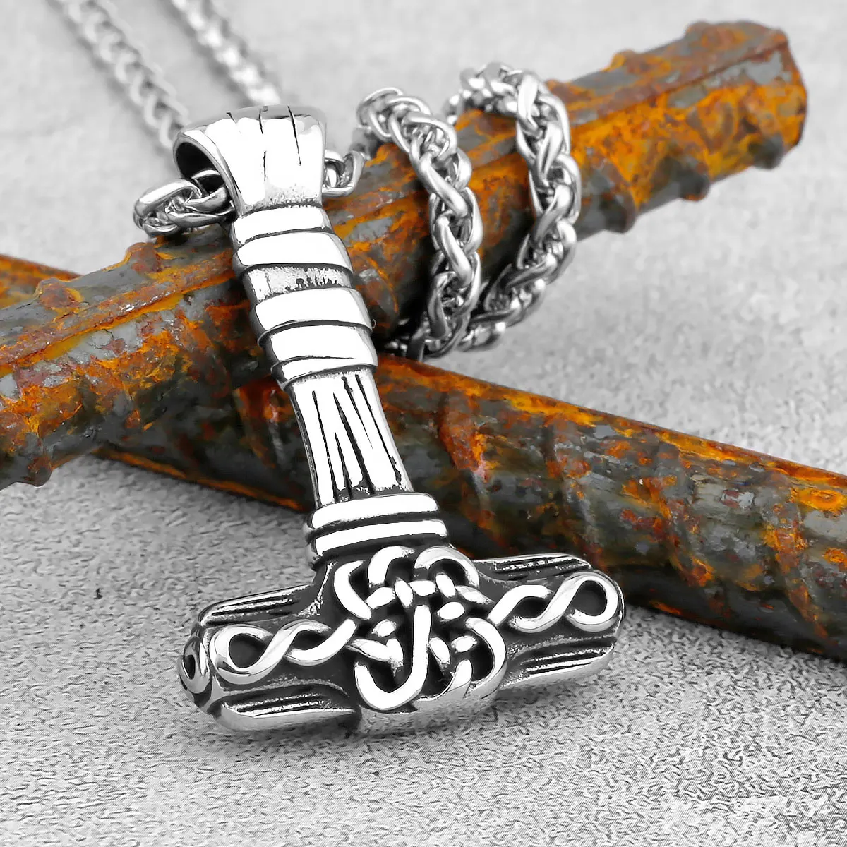 Men's Necklace Stainless Steel Celtic Knot Amulet Runes Pendant Necklace Thor's Hammer Domineering Retro Jewelry Gift Wholesale