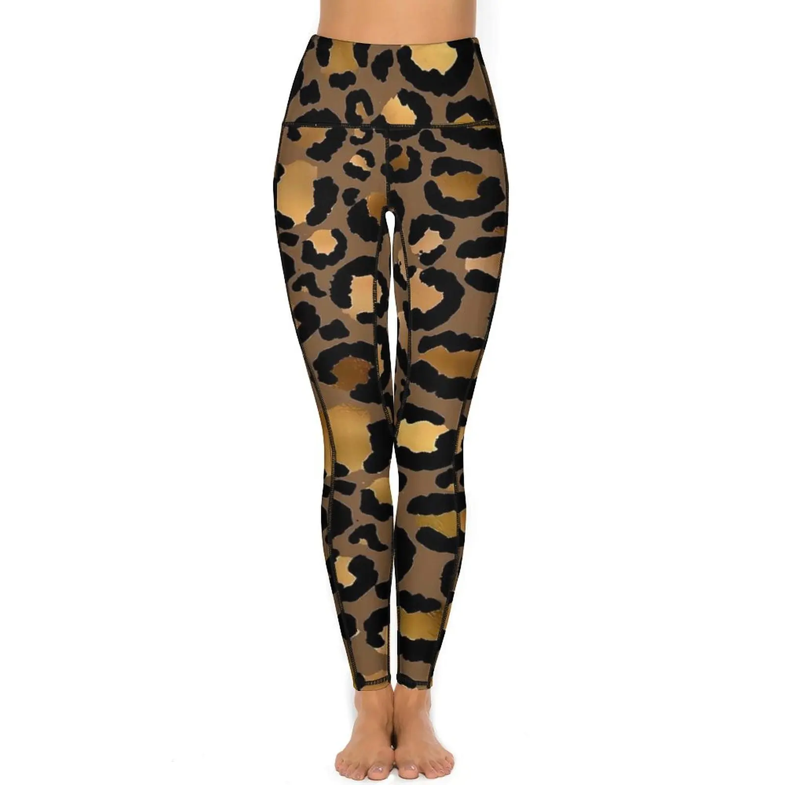 Leggings léopard dorés et bruns pour femmes, pantalons de yoga sexy taille haute, Leggins de commande drôles, design fitness, course à pied, legging de sport