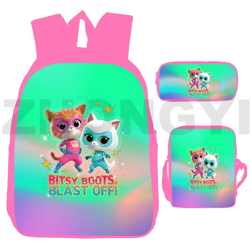 Canvas SuperKitties Backpacks Cute Cat 3D Anime Pink SuperKitties Mochila 3 In 1 Students Elementary Bookbag Cosplay Makeup Bag