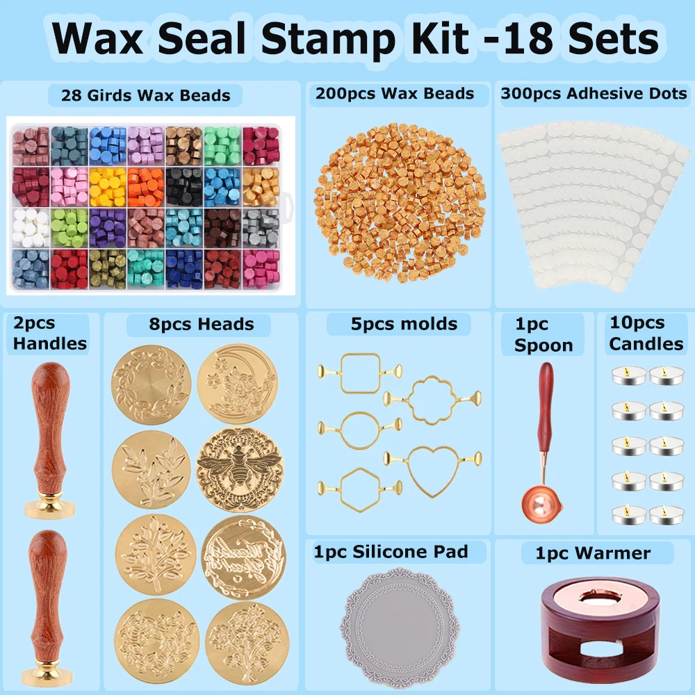 

Wax Seal Stamp Kit 18 Sets,Wax Beads Warmer Spoon Handle Tealight for DIY Wedding Invitation Decorative Cards Crafting 2024 New