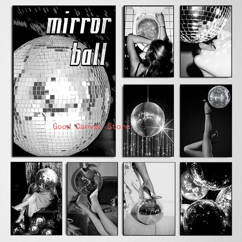 Vintage Disco Mirror Ball Posters Fashion Black White Canvas Painting Print Modern Wall Art Picture for Room Home Club Bar Decor