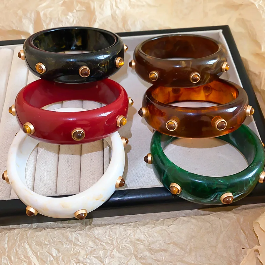  Vintage Amber Resin Geometric Chunky Bangle Bracelets for Women Acrylic Stackable Wide Bangles Hand Jewelry