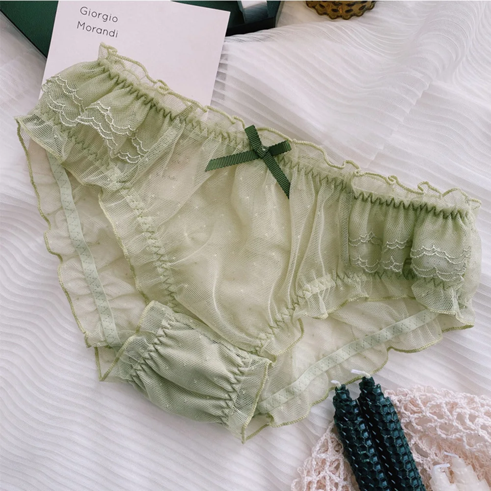 Bragas de encaje de estilo dulce, calzoncillos huecos para mujer, ropa interior transparente sin costuras con volantes y lazo, lencería Breifs de cintura media