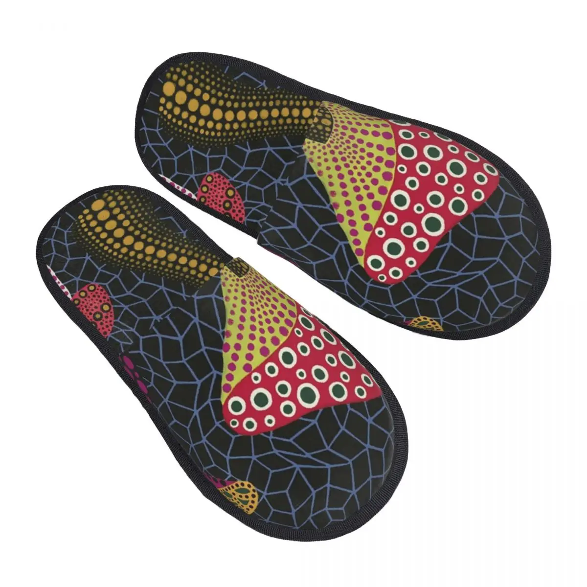 Aksesori wanita, sandal rumah seni cetak kustom hayoi Kusama, lembut hangat abstrak Pop, seni memori, sandal berbulu, sepatu dalam dan luar ruangan