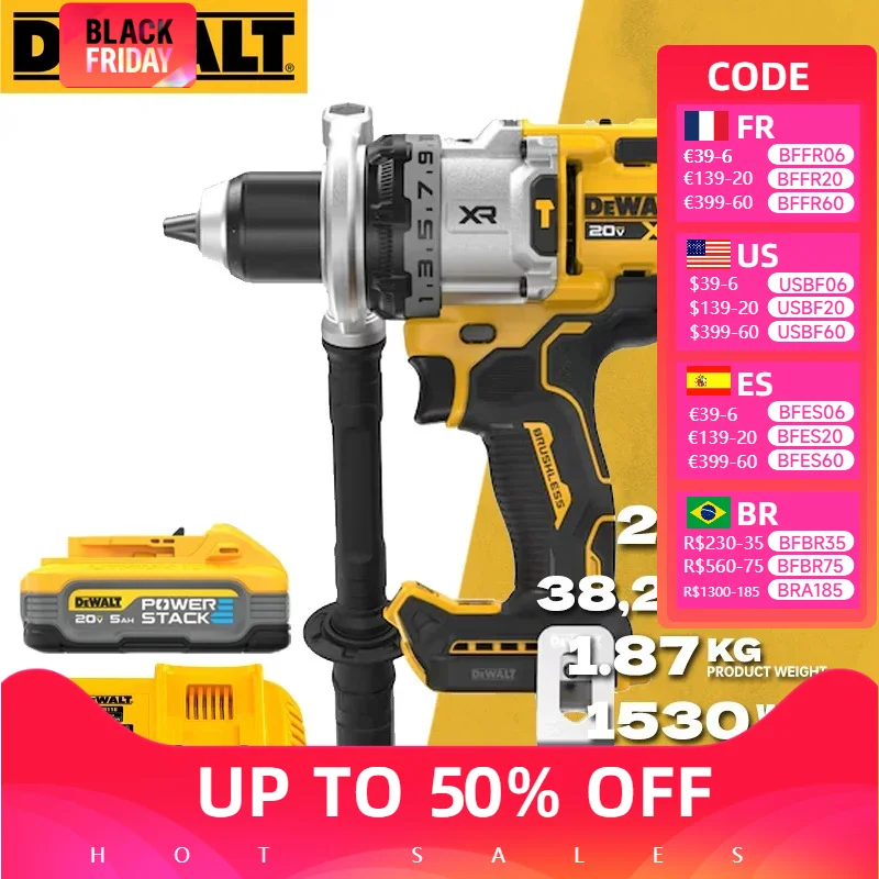 DEWALT DCD1007 20V MAX Бесщеточный 1/2 дюйма. 3-скоростная ударная дрель ANTI-ROTATION Аккумуляторный электрический молоток Электроинструменты Зарядное устройство