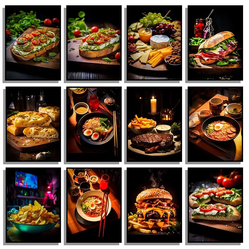 Food Kitchen Poster Printing Meat Burger Pizza Canvas Painting Restaurant Decoration Wall Art Picture Home Decor Frameless Gi