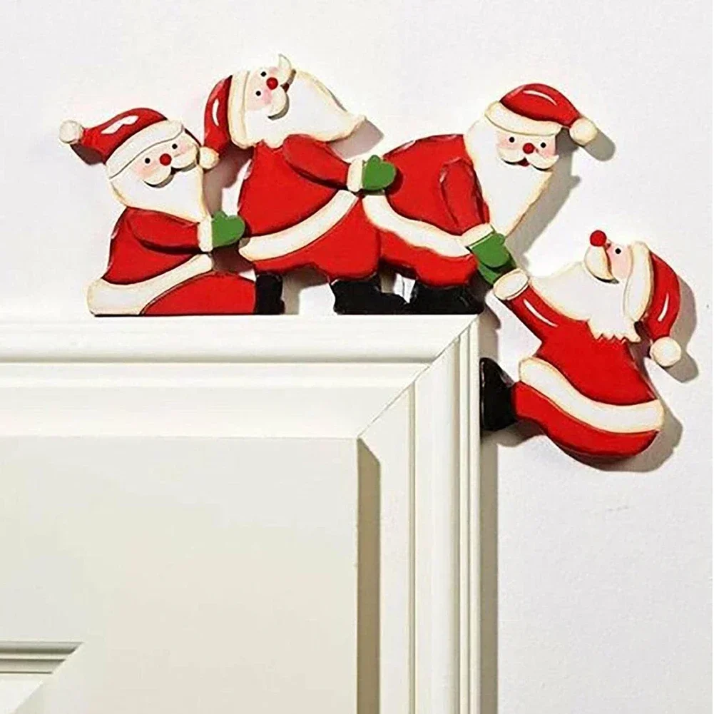 Santa Claus Door Frame Hanger Decoration Wooden Christmas Decorations Happy New Year 2024 Wall Sticker Trim Wood Xmas Decor