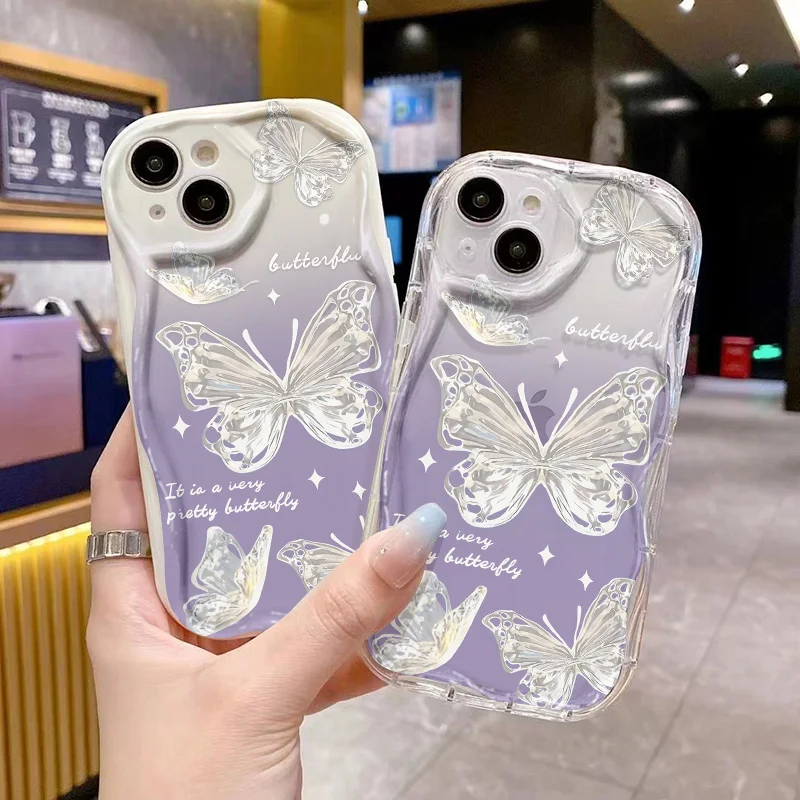 Butterfly Wave Edge Phone Case For iPhone 16 15 Pro Max 14 13 12 11 Pro 16 15 14 7 8 Plus XS XR X XS Max Shock-resistant Bumper