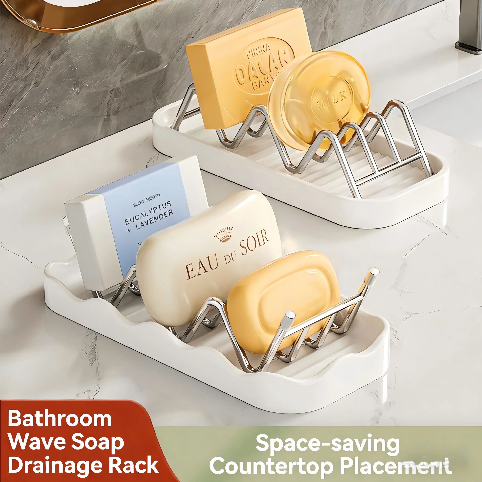 Modern Wave Design Stainless Steel Soap Dish with Drainage Tray – Space Saving Bathroom Soap Holder for Vanity Top