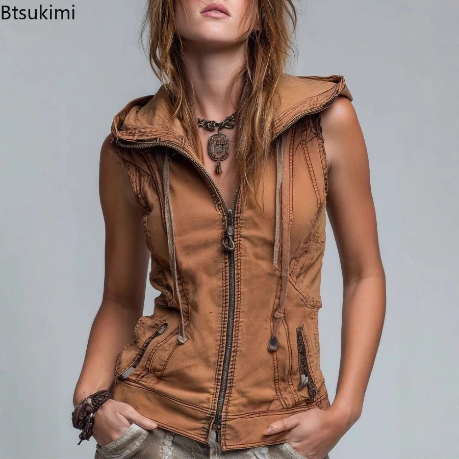 2026 Women's New Warm Fleece-Lined Vest Casual Sleeveless Trendy Hooded Coat Cotton Padded Jacket Solid V-neck Versatile Brown