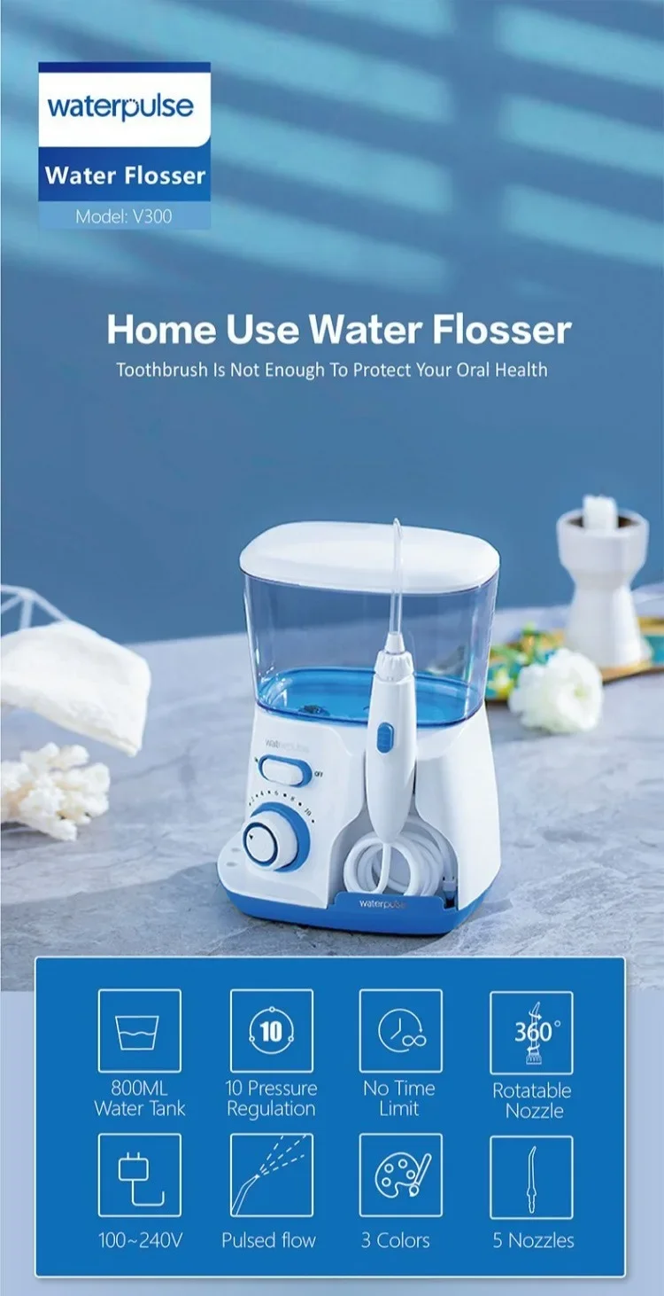 Waterpulse V300 Elektrische Wasserflosser, Hochdruck-Munddusche für die Zahnreinigung, Zahnspangen, Zahnfleischpflege, 5 Düsen, tragbar – Detail 1