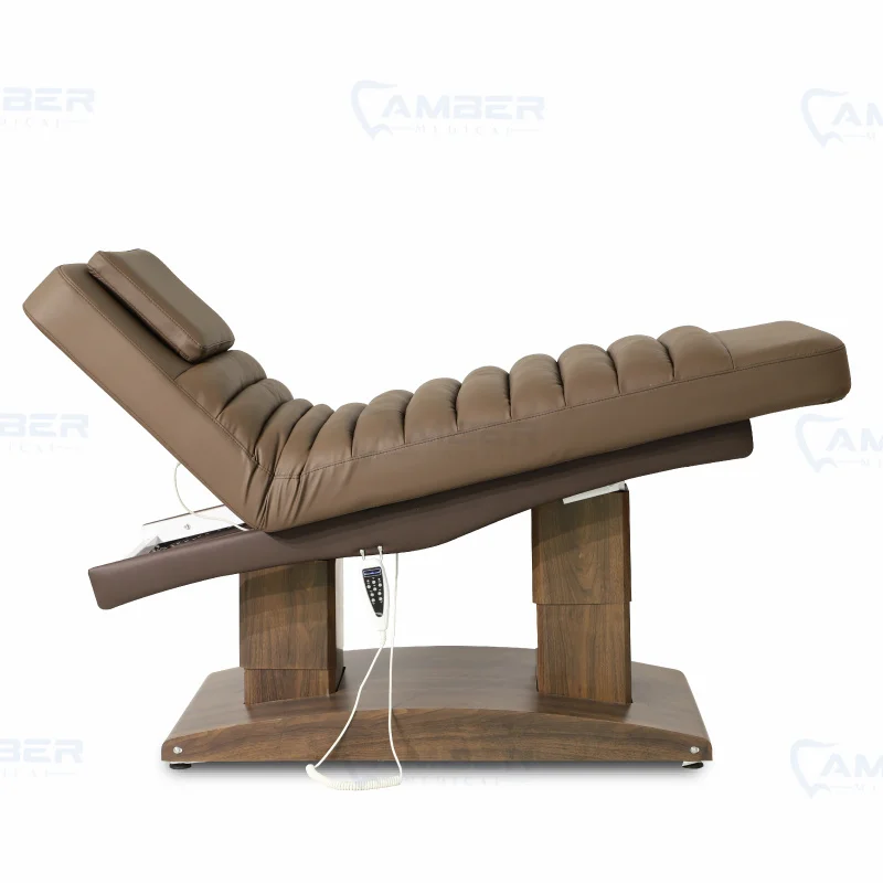 أثاث الصالون، سرير تدليك كهربائي قابل للتعديل، قاعدة خشبية بنية، سرير تجميل الوجه لصالون تجميل الوجه