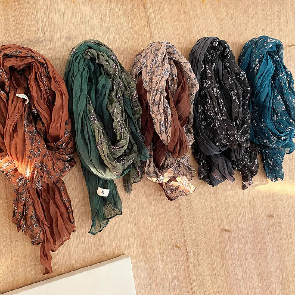For Jiawu Vintage Cotton Linen Scarf Women Floral Crinkle Shawl Breathable Hijab Elegant Autumn Winter Fashion Ethnic Wrap