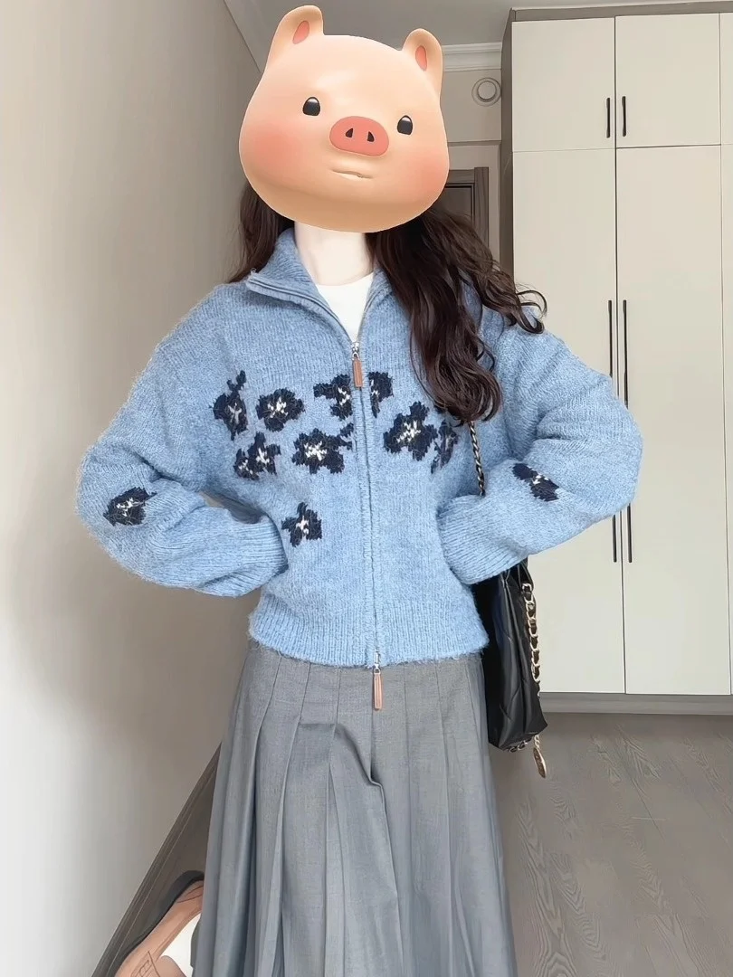 

Thiened Knitted Sweater Zipper Collar Flower Pattern Commute Sle Winter Spring Autumn Women's Faion Color Coat