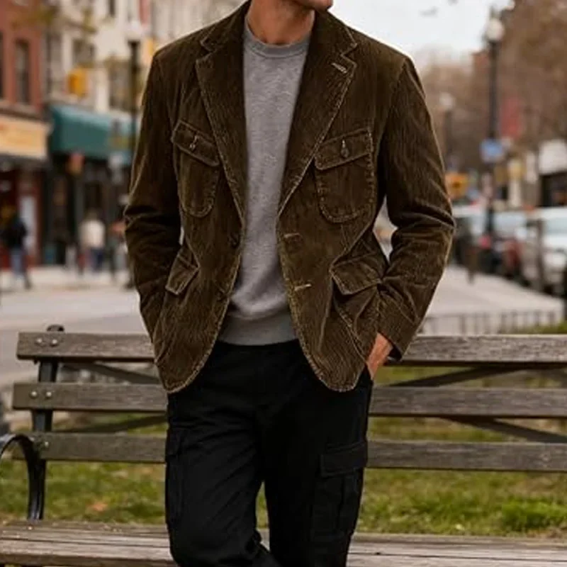 

Men's Corduroy Casual Blazer Slim Fit Vintage Solid Color Black Brown Fashion Single Breasted Outerwear Customized Male's Jacket