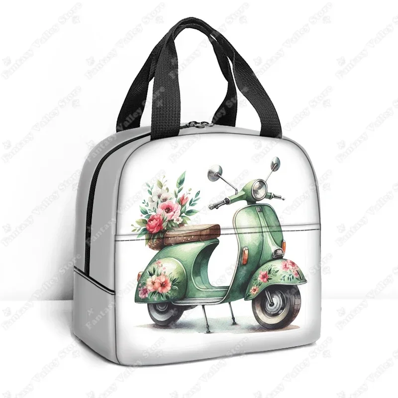 Watercolor Travel Car Print Lunch Bag Electric Motorcycle School Bus Flowers Lunch Box Outdoors Portable Thermal Lunch Bags Gift