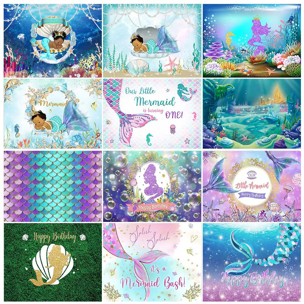인어 생일 배경 신생아 소녀, 작은 인어 공주 사진 배경, 바다 아래 포토콜 장식 배너