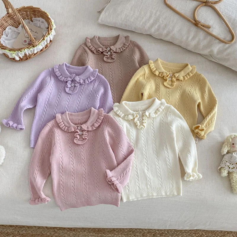 

Girls Ruffle Collar Sweater Autumn Long Sleeve Pastel Cable Knit Top Kids Girly Knitted Pullover