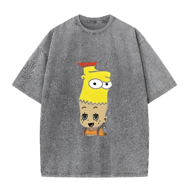 Mashup Cartoon Bart Simpson Print Vintage Washed T-Shirt Schwarz Casual Streetwear – Detail 6