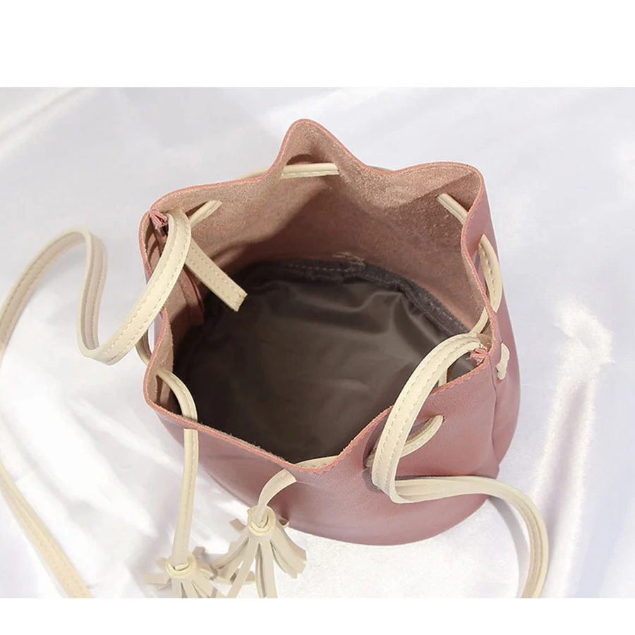 Casual women\'s drawstring tassel bucket bag female purse handbags pu leather single shoulder bag daily shopping bag sac a main