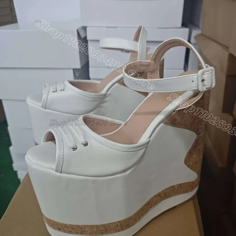 Bicolor Wedges Heels Platform Sandals Open Toe Ankle Buckle Party Dress British Style Summer Women Shoes Zapatos Para Mujere