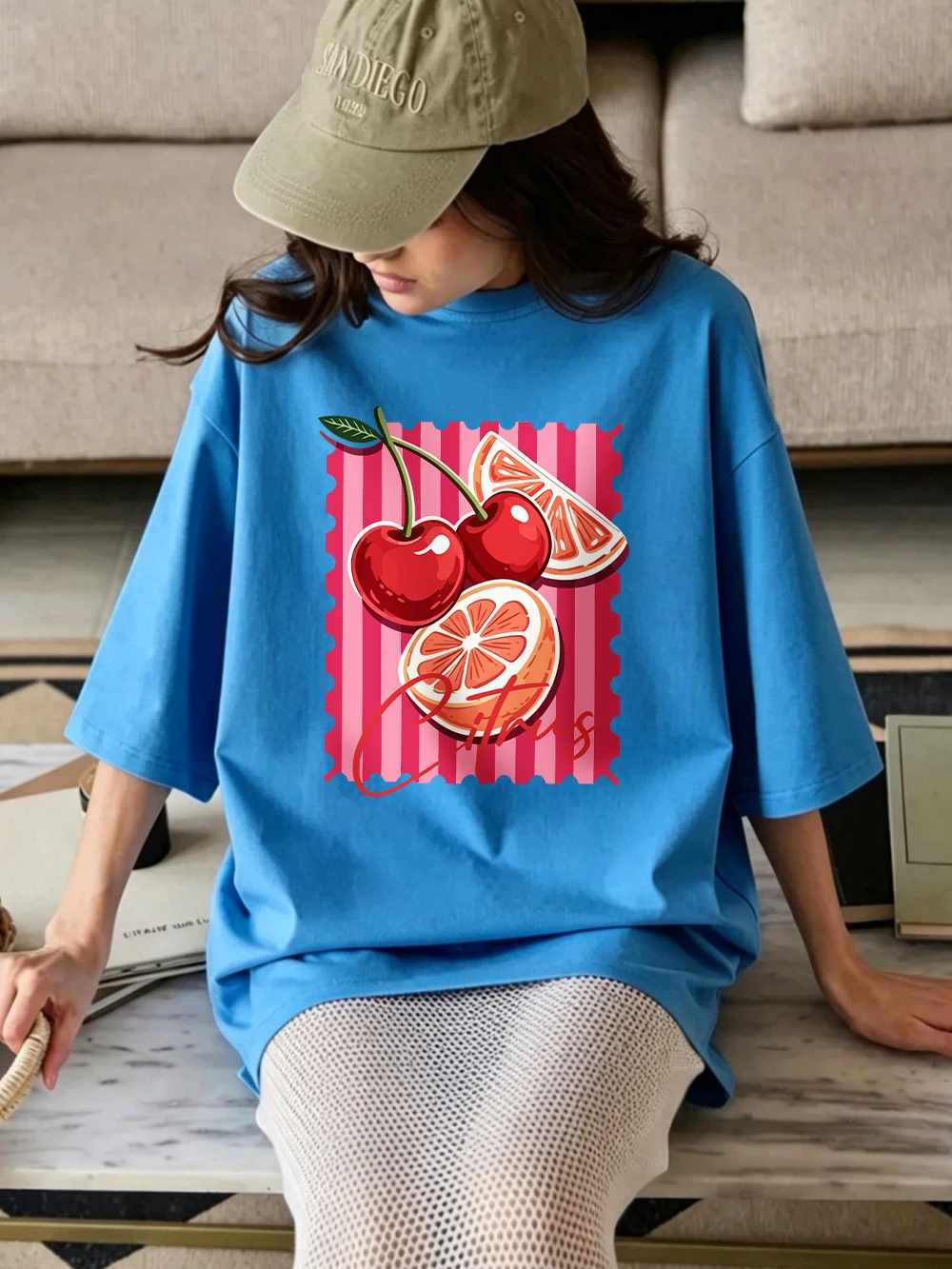 Rote Kirsch-Zitrus-Bedruckte T-Shirts aus Baumwolle für Damen, Sommerliche Oversize-Oberteile, Basic O-Neck Kurzarm-T-Shirts, Lässige Weiche Kleidung – Detail 27