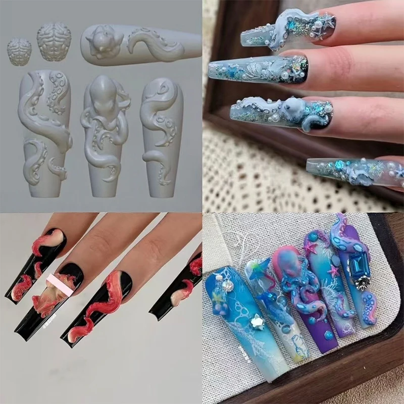 Bunny Strawberry Ocean Octopus 3D Silicone Mold DIY Nail Art Decor Cartoon Rabbit Flower Transparent Mold Manicure Design Tool