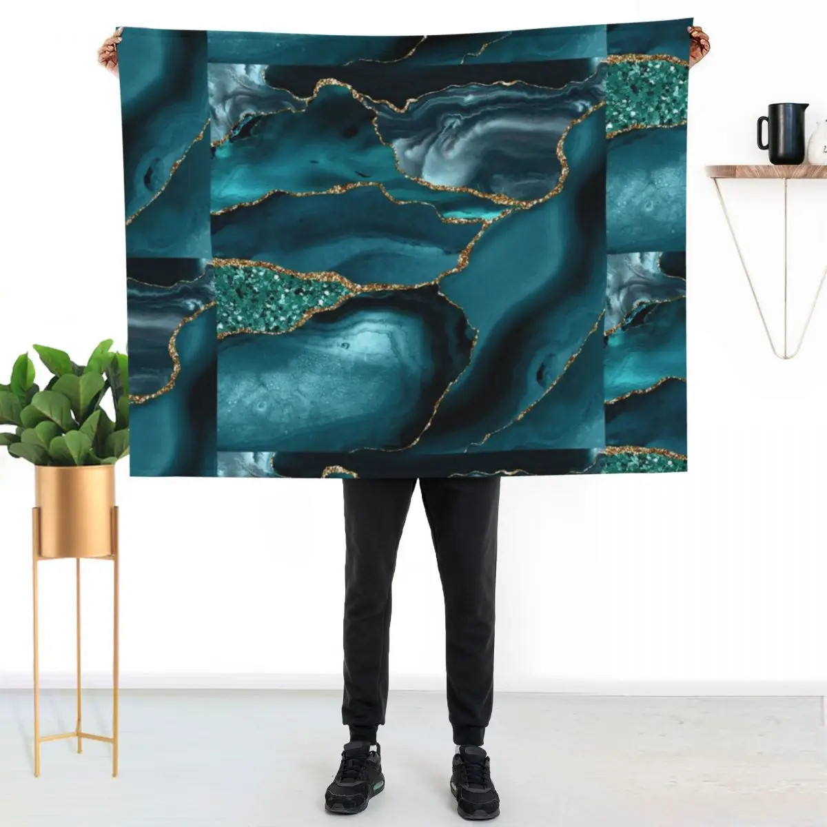 Abstract Teal Blue and Gold Glitter Modern Geode Agate Design Throw Blanket Retros Giant Sofa Blankets For Bed Blankets
