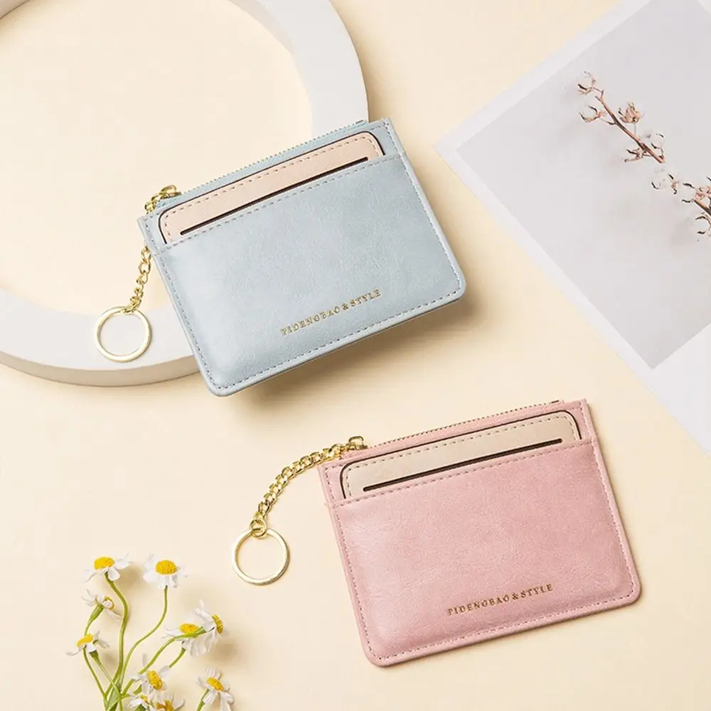 

Simple PU Leather Card Bag Thin Mini Wallet Card Holder Solid Color Purse Zipper Coin Purse Outdoor