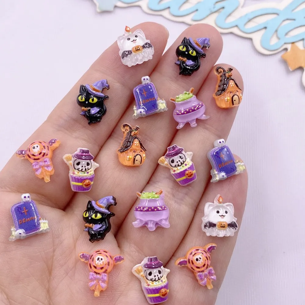 50 Stück Harz Mini Bunte Cartoon Schädel Fledermaus Kürbis Katze Flatback Strass Nail Art Halloween Dekor DIY Scrapbook Charms Handwerk