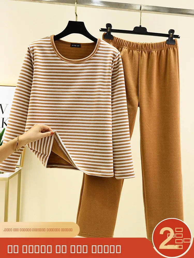 Thiened Fce Pajamas Set Women's Winter Home Clothes Casual Long Sve round Ne Long Pants Velvet  Outerwear