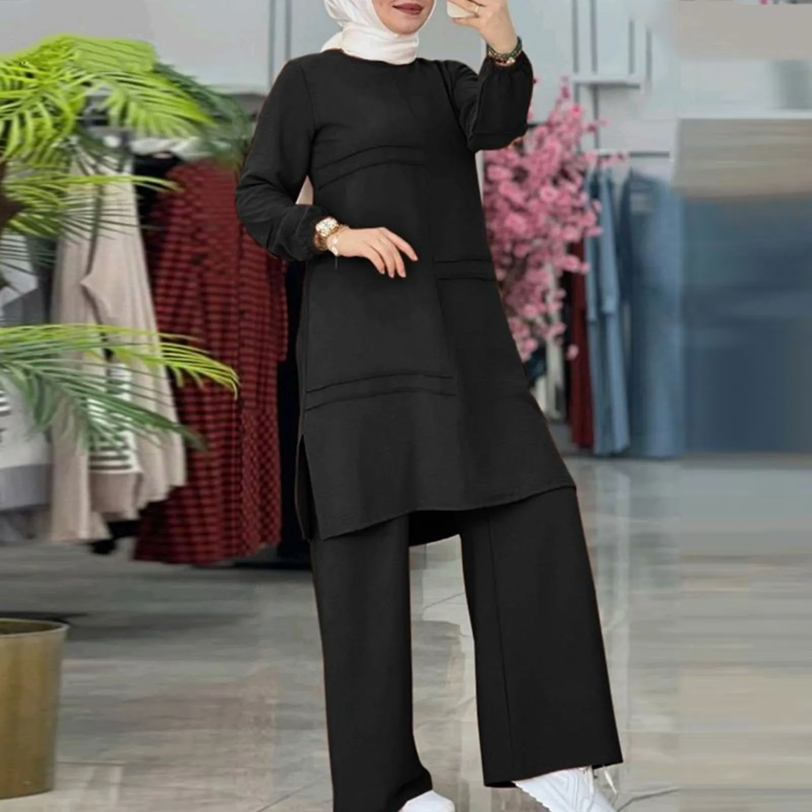 Women Sets Fashion Muslim Sets Two Pieces Suits Islamic Clothing Long Shirts Pullover Tops With Straight Pants Loose Trousers