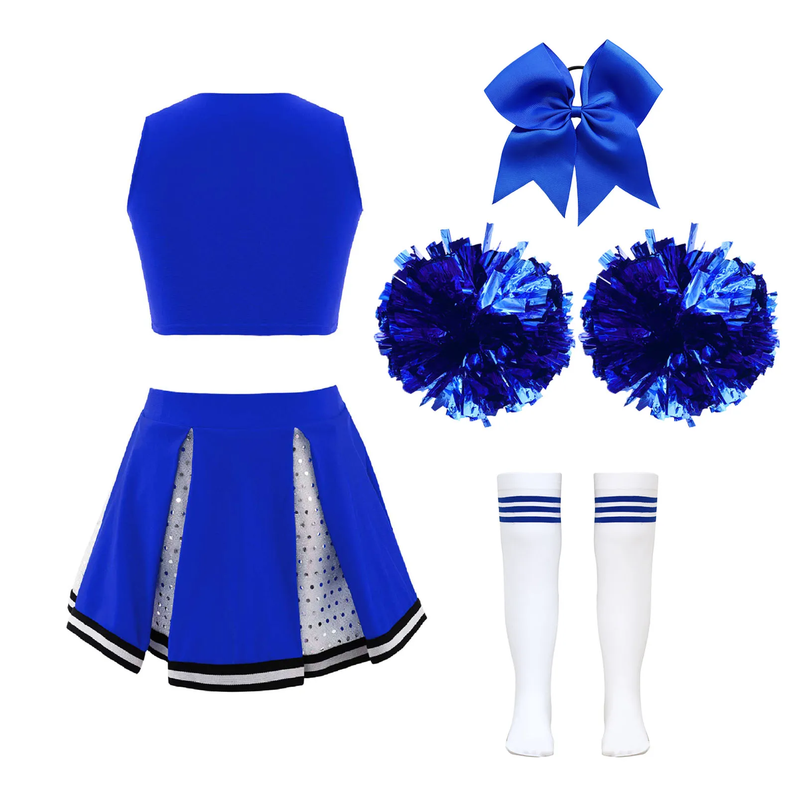 Kinder Mädchen Cheerleading Tanzuniform Crop Top mit Faltenrock mit Kopfbedeckung Handblumen Socken für Schule Show Sport Treffen