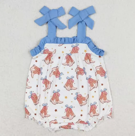 Lace Infant Baby Girls Rompers Strap Hats Boots Purple Bow Top Ruffle Rompers Western Fashion Toddler Girls Bubbles Rompers