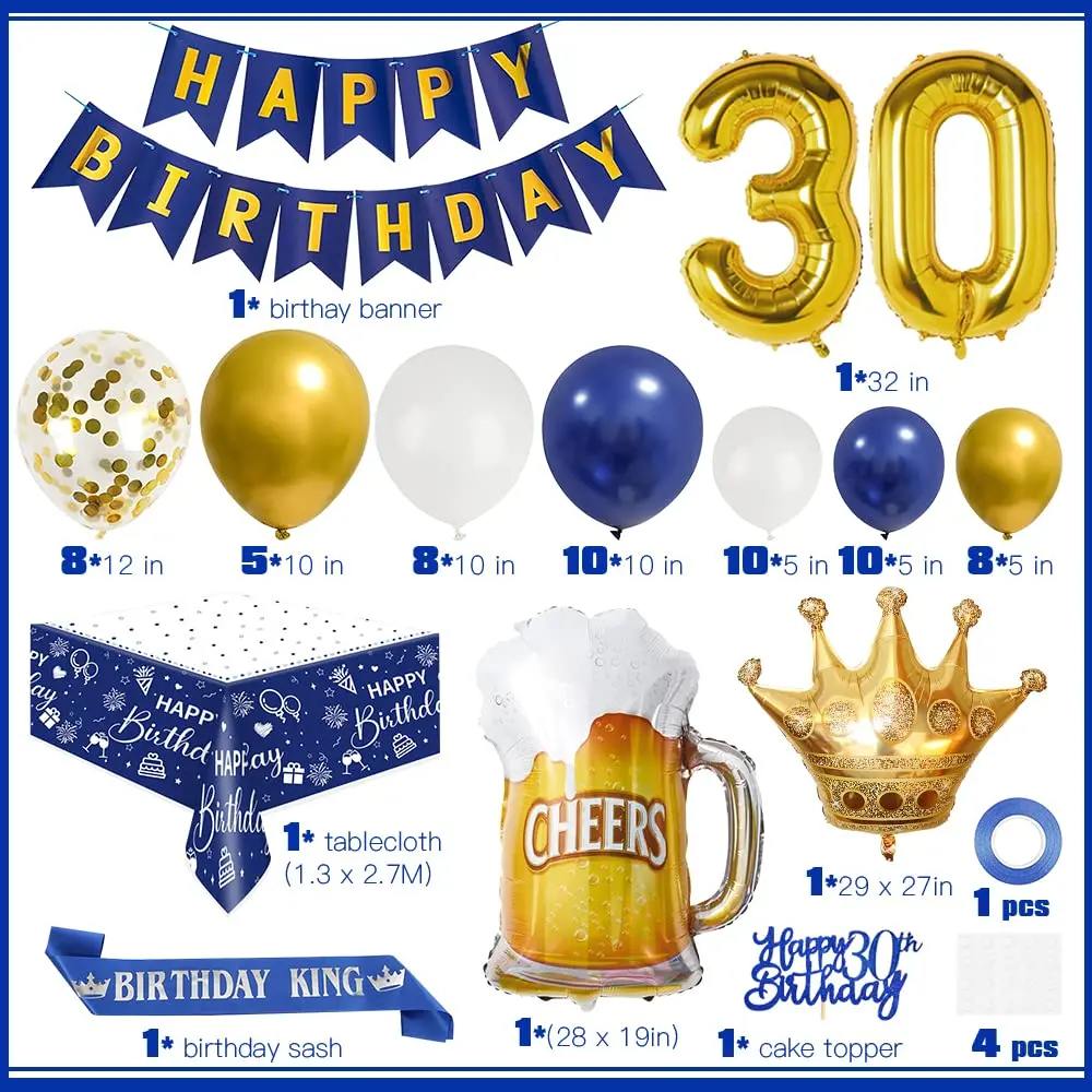 Men 30th 40th Birthday Decorations Night Blue Gold Birthday Balloon Garland Kit with Birthday Shoulder Strap and Tablecloth