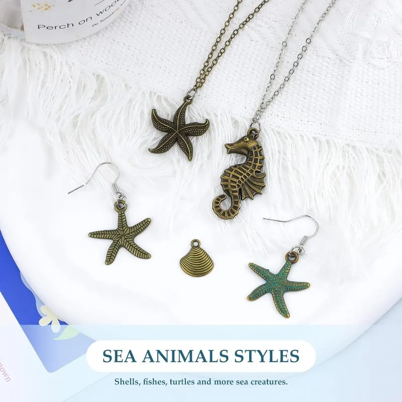 28 Pcs Assorted Antique Ocean Themed Charms Bronze Ocean Fish Sea Creatures Beads Pendants for Jewelry Making and Craft Making