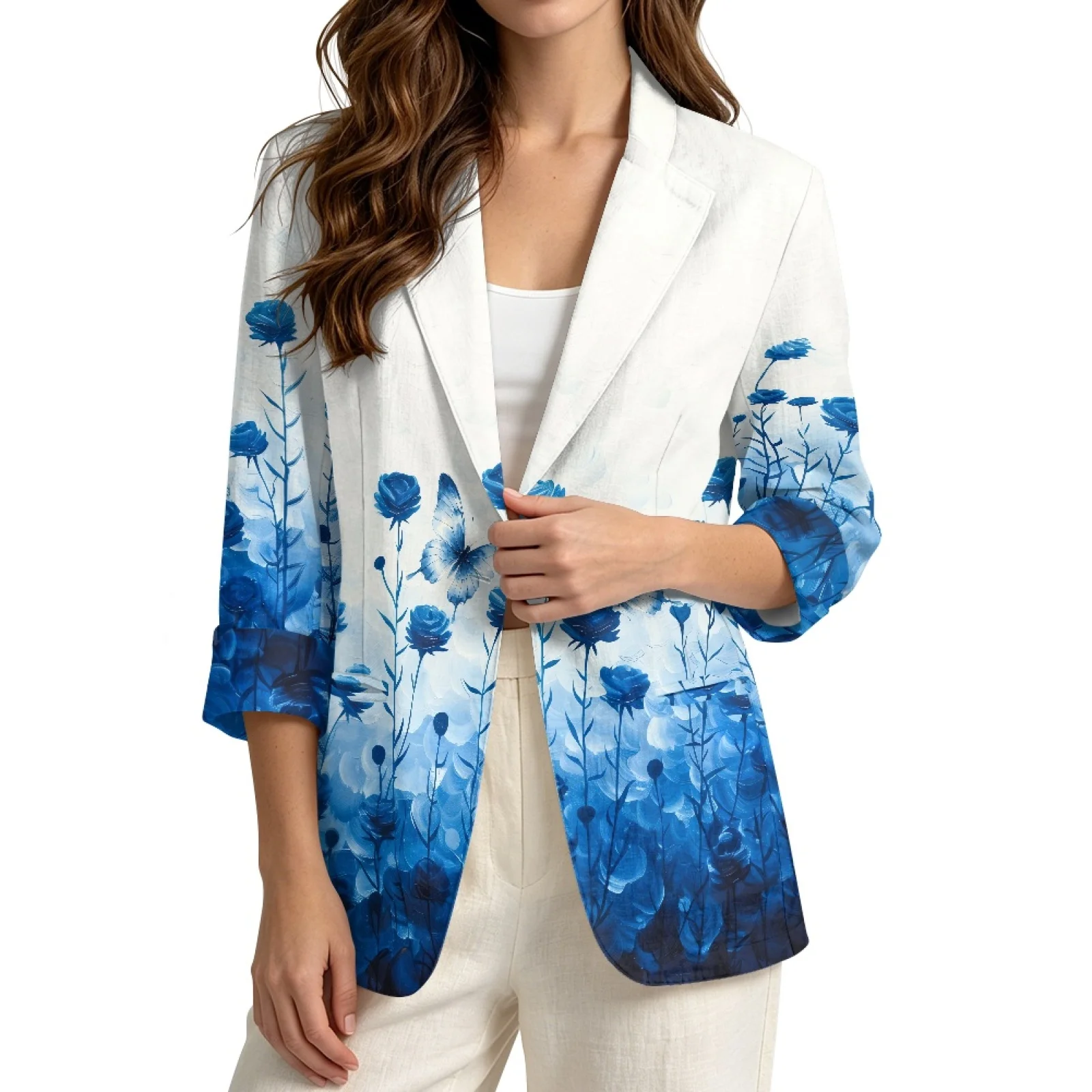 PENSTROLL Blue Floral Butterfly Open Front Cardigan Linen Style Loose Fit Jacket for Women Sizes S-3XL for Casual Travel Wear