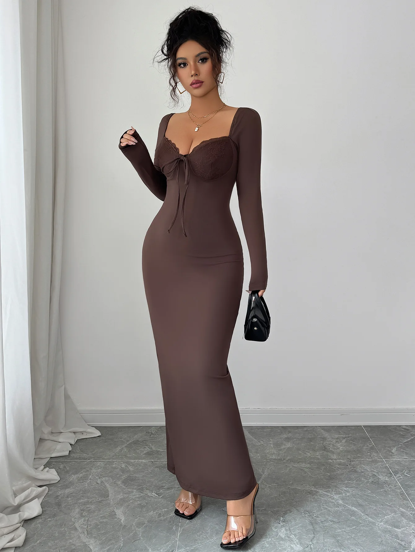 

Women's Dress Best Seller Brown Long Sleeve V Neck Bodycon Midi Dress Elegant Casual Party Office Daily Slim Fit Dress